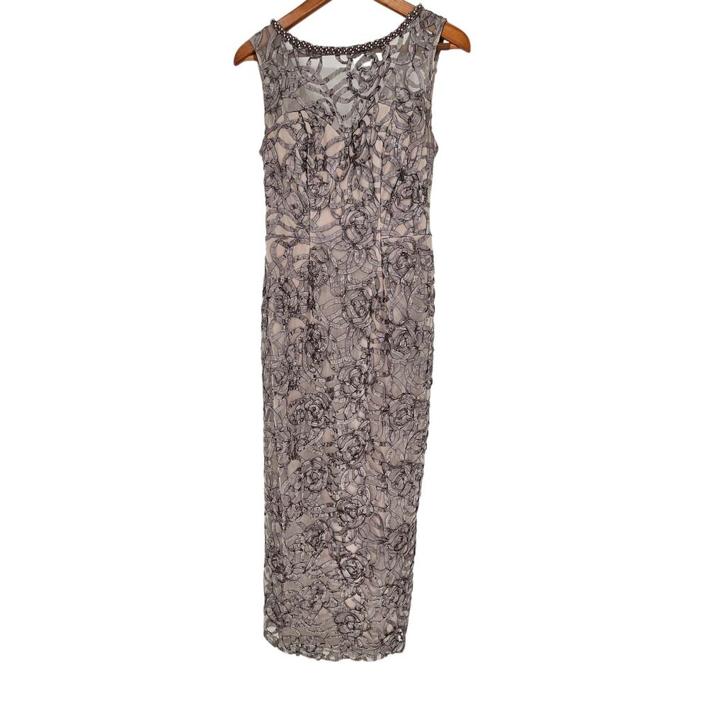 Ignite Evenings Beige Beaded Illusion Yoke Soutache Sheath Column Formal Dress 6